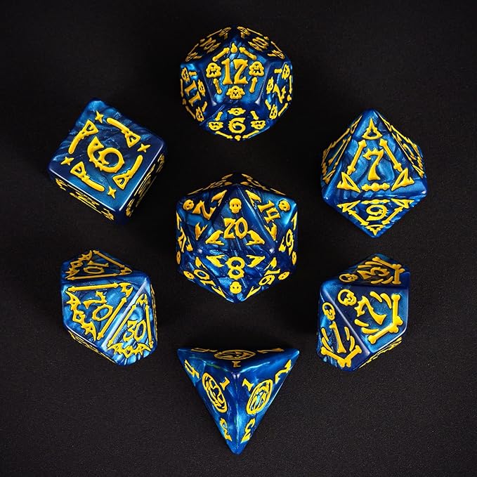 7-Die DND Dice Set Halloween Pattern Polyhedral Dice Set with Leather Bag, Skull Dice D&D Dice Set for RPG Table Games (Halloween Pattern-Blue)