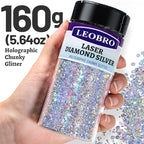 LEOBRO Silver Glitter, 160G/5.64OZ Holographic Chunky Glitter for Crafts, Resin, Body Nail Face Hair, DIY Decorations