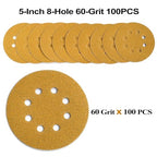 5-Inch 8-Hole Hook and Loop Sanding Discs 60-Grit Random Orbit Sandpaper, 100-Pack