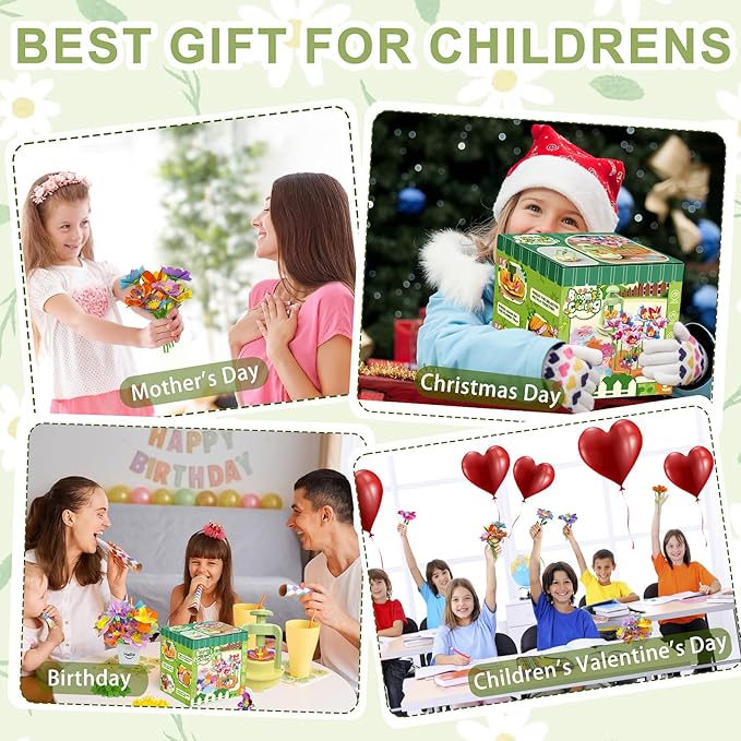 Fabric Flower Bouquets Toys, DIY Craft Kit for Girls 3 4 5 6 7 8 9 10 Years Old, Creative Arts and Crafts Activity for Toddler Kids, Preschool Educational Flower Assembly Gifts for Birthday Christmas