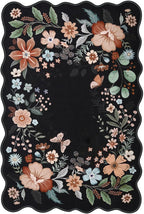 Beeiva 6x9 Rug for Living Room - Scalloped Floral Printed Bedroom Rug Machine Washable Area Rug Soft Area Rug Boho Ultra-Thin Stain Resistant Aesthetic Carpet for Playroom Dorm Office(Black,6x9ft)