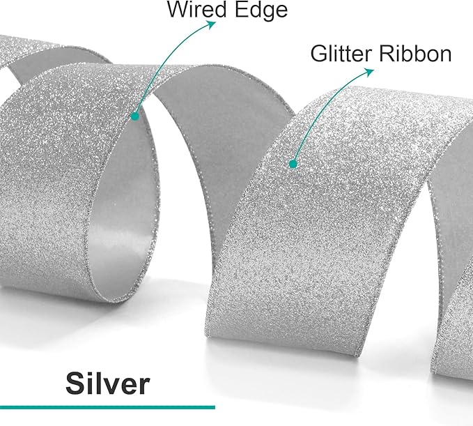 CT CRAFT LLC Glitter Wired Ribbon 1.5" x 20 Yards Silver for Christmas Home Decor Bow Gift Wrapping DIY Crafts Wreath