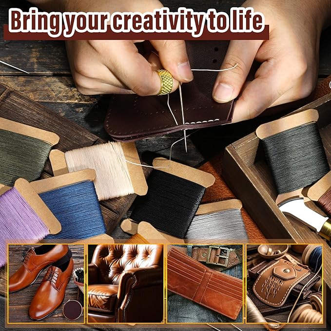 Repair Sewing Kit, Upholstery Needle and Thread Kit with 32 Yard Waxed Thread and 8 Pcs Heavy Duty Leather Needles for Hand Stitching, Canvas & Quilting - 0.55mm Round Waxed Cord Beige