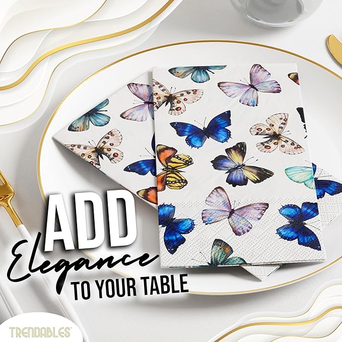 Trendables Butterfly Napkins for decoupage 100 Pcs 3 Ply Butterfly paper napkins decorative Guest Towels Disposable Bathroom, For Tea Party Decorations, Dinners & Weddings
