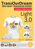TransOurDream Tru-Heat Transfer Paper for Light T Shirts (200 Sheets 8.5x11, 3.0) Printable HTV Heat Transfer Vinyl for Inkjet & Laserjet Printer Iron on Transfers for Light Fabrics