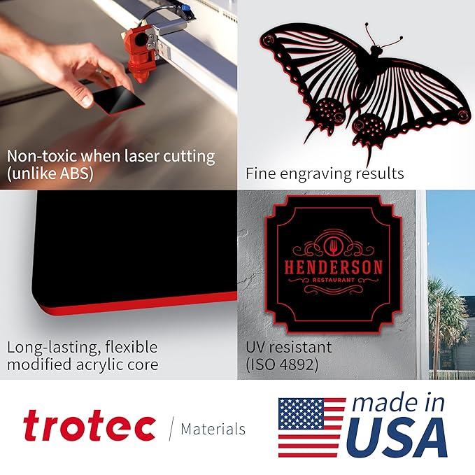 Trotec TroLase | 12"x20"x1/16", 4 Pcs | Black/Red | 2 Ply | Modified Acrylic | Laser Engraving Double Color Plastic Sheet | Engraving Blanks for Laser, Saw, Guillotine | Made in USA