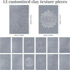12 Pcs Polymer Clay Texture Sheets Mat Works with Polymer Clay Cutter Embossin Roller DIY Tools for Pottery Earrings Jewelry Making DIY Craft Supply