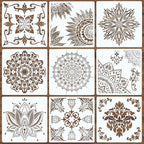 9 Pack Large Reusable Stencil Mandala Stencil Laser Cut Painting Template for Wood Wall Floor Tile Fabric Crafts Furniture Stencils Painting(12x12 Inch)