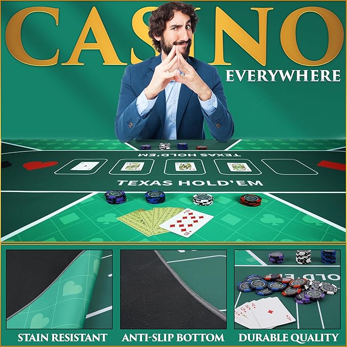 Poker Table Top - Foldable 70" x 35" Texas Hold'em Poker Mat with Non-Slip Backing and Zipper Carrying Bag - Waterproof and Portable Casino Table Topper Card Mat for Home Game Nights Up to 10 Players