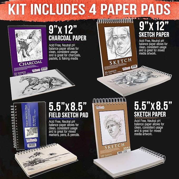 U.S. Art Supply 44-Piece Drawing & Sketching Art Set with 4 Sketch Pads (242 Paper Sheets) - Professional Artist Kit, Graphite, Charcoal, Pastel Pencils & Sticks, Erasers - Pop-Up Carry Case, Student