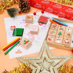 Christmas Stamps Set, Wooden Rubber Stamp with Ink Pad Colored Pencil, Holiday Square Craft Stamp for Stamping Scrapbooking Crafting Booking Card Making Stocking Filler,Christmas Favor Gift