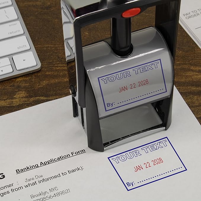 MaxMark Heavy Duty Self Inking Date Stamp with Phrase Entered - Red Ink