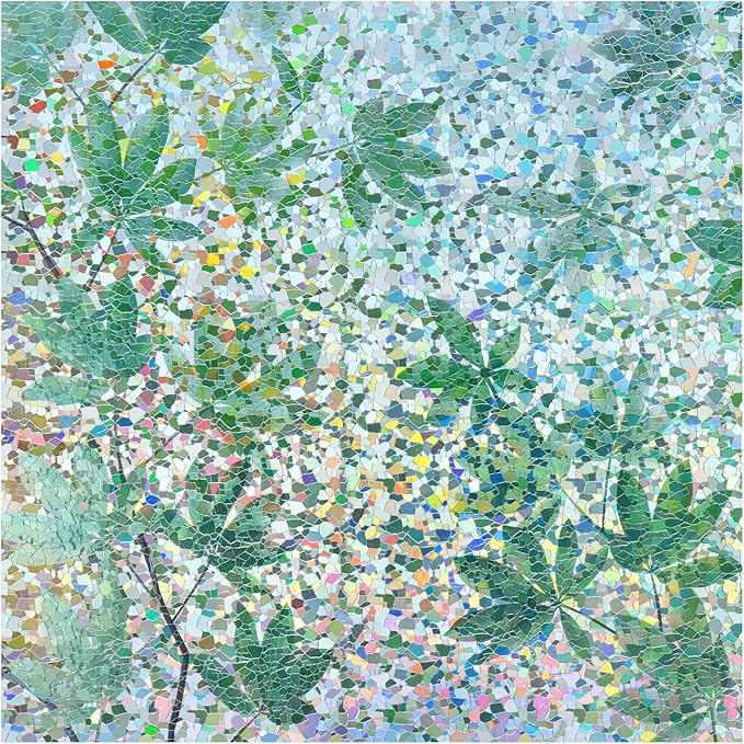rabbitgoo Rainbow Window Privacy Film Decorative Stained Glass Diamond Pattern Window Sticker with Iridescent Tint Non-Adhesive Static Cling for Home Office Bathroom, Green Leaf 23.6 x 78.7 inch