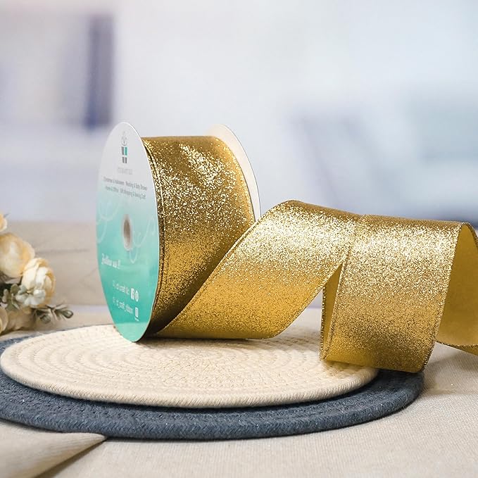 CT CRAFT LLC Glitter Wired Ribbon 2.5" x 20 Yards Yellow Gold for Christmas Home Decor Bow Gift Wrapping DIY Crafts Wreath