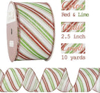 MEEDEE Red and Green Diagonal Striped Ribbon 2.5 Inch White Satin with Lime Green and Red Glitter Wired Ribbon for Christmas Tree, Garlands, Wreaths, Topper Bow (10 Yards)