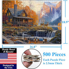 Think2Master Cabin by The Falls 500 Pieces Large Format Jigsaw Puzzle: Kids 12+, Teens, Adults & Families. Scenic Autumn Mountain Landscape with Log Cabin, Waterfall. Great Gift. Size: 26.8” X 18.9”