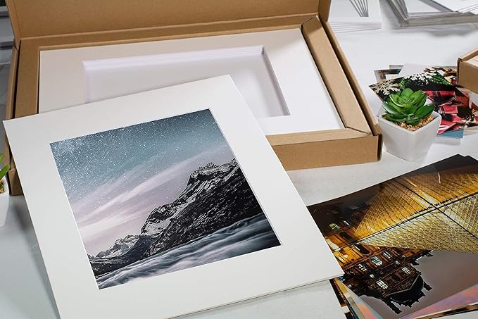 Mat Board Center, Pack of 25, 16x20 for 11x14 Black Picture Mat Sets - Acid Free, 4-ply Thickness, Bevel Pre-Cut White Core - Includes Backing Boards and Clear Bags - for Pictures, Photos, Framing