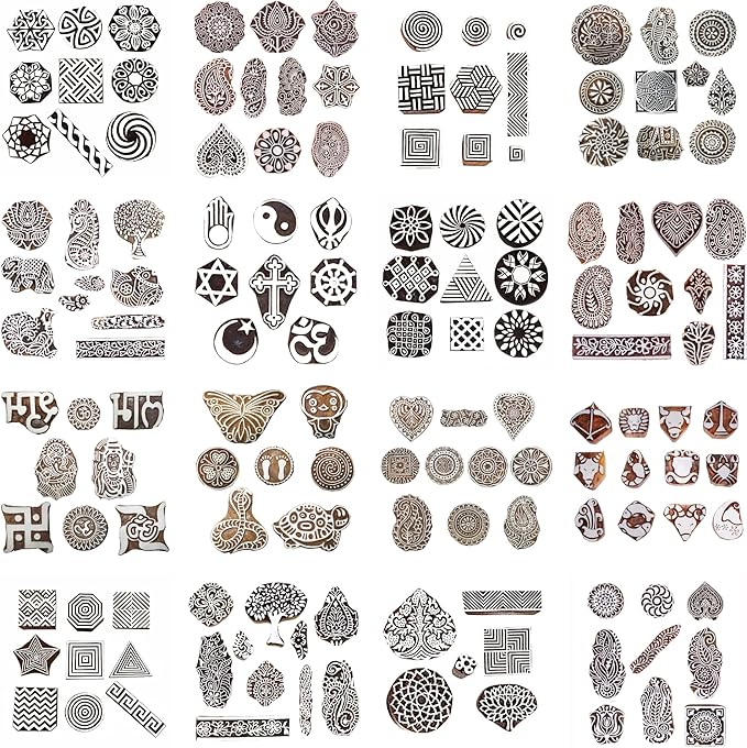 Wooden Printing Stamps Assorted Design - Handcarved Indian Textile Printing Blocks [ Pack of 37 Assorted Pc from 200 Design ] Wood Stamps for Tattoo Clay Pottery Cards Henna HASHCART®