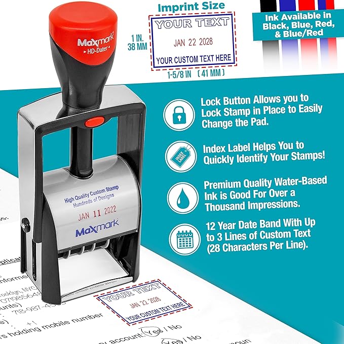 MaxMark Heavy Duty Self Inking Date Stamp with Phrase Posted - Red Ink