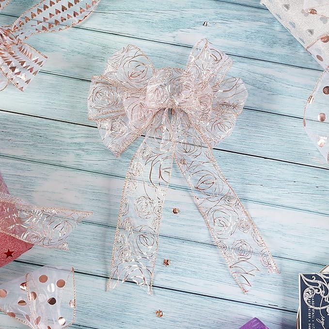 MEEDEE Floral Rose Wired 2.5 Inch Rose Gold Organza Sheer Ribbon, Wedding Bouquet Ribbon, 25 Yards Roll, Pink, For Crafts, Valentine Bow Making, Decor