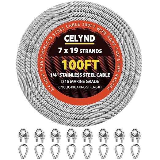 Stainless Steel Cable for Railing - 100FT 1/4" T316 Wire Rope with Clamps and Thimbles - 7 x 19 Strands 6700 LBS Breaking Strength for Outdoor Deck Railing Zipline