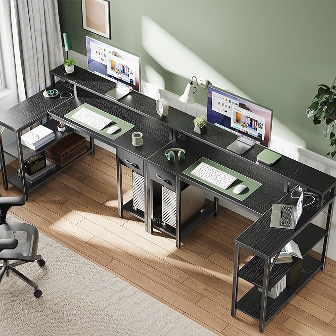 SUPERJARE Reversible L Shaped Gaming Desk with Drawer, LED Lights & Power Outlets, Corner Computer Desk with Shelves & Monitor Stand for Home, Office, Black, 47 inches