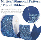 HUIHUANG Navy Blue Wired Ribbon 2.5 inch Glitter Diamond Mesh Wire Edge Ribbon for Christmas Tree, Wreaths, Garland, Gift Wrapping, Bows Making, Holiday Decor -10 Yards