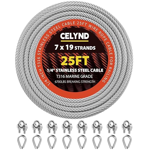 Stainless Steel Cable for Railing - 25FT 1/4" T316 Wire Rope with Clamps and Thimbles - 7 x 19 Strands 6700 LBS Breaking Strength for Outdoor Deck Railing Zipline