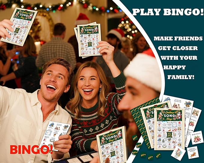 Christmas Bingo Games for 24 Players, Christmas Song Bingo Cards for Adults Large Group, Winter Hoilday Party Supplies, Family Activities New Year Favors -06