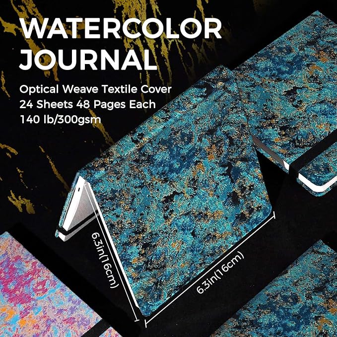 Funto Watercolor Journal, 6.3x6.3, 24 Sheets, 100% Cotton Cold Press, 300gsm/140lb, Inner Paper Pocket, Art Supplies for Mixed Media