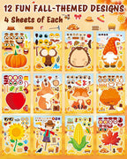 Aowplc 48 Sheets Fall Make a Face Stickers, 12 Designs Fun Fall Crafts for Kids, Autumn Festival Party Favors, Classroom Activities & Games