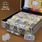 Queensell Mexican Train Dominoes - 136 Colored Dot Double 15s, 9 Trains, Wooden Hub, Aluminum Case