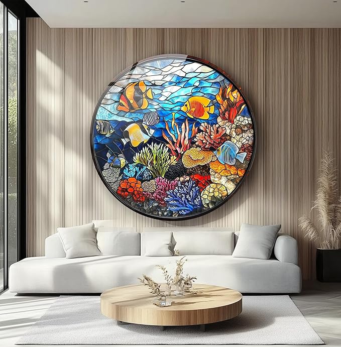 My Photostation.com 15.8''(40cm) Diameter Coral Reef Mosaic Round Glass Wall Art Tempered Glass Printing Wall Decor Large Wall Art Wall Hangings