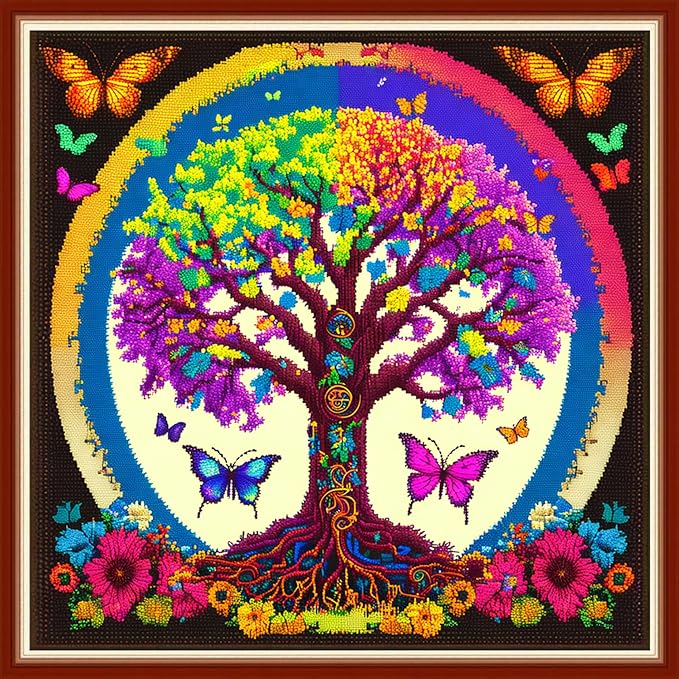 Dimensean Stamped Cross Stitch Kits Full Range of Embroidery Patterns Starter Kits for Beginners Adult or Kids DIY Cross Stitches Needlepoint Kits 11CT-Butterfly Life Tree 17.7x17.7 inch