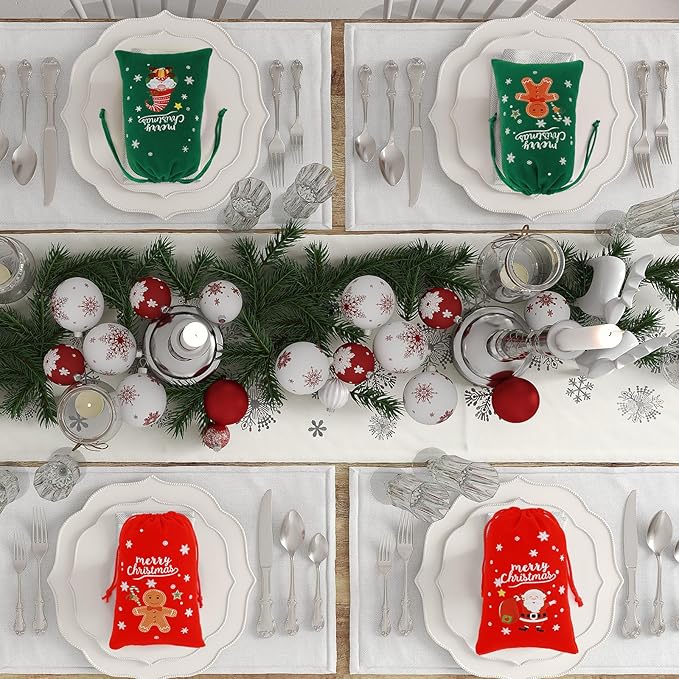 Tapleap Christmas Bags with Drawstring - 50Pcs 4x6 Red and Green Velvet Cloth for Wrapping Dice, Jewelry, Party Favors or Gifts for Friends, Children, Customers