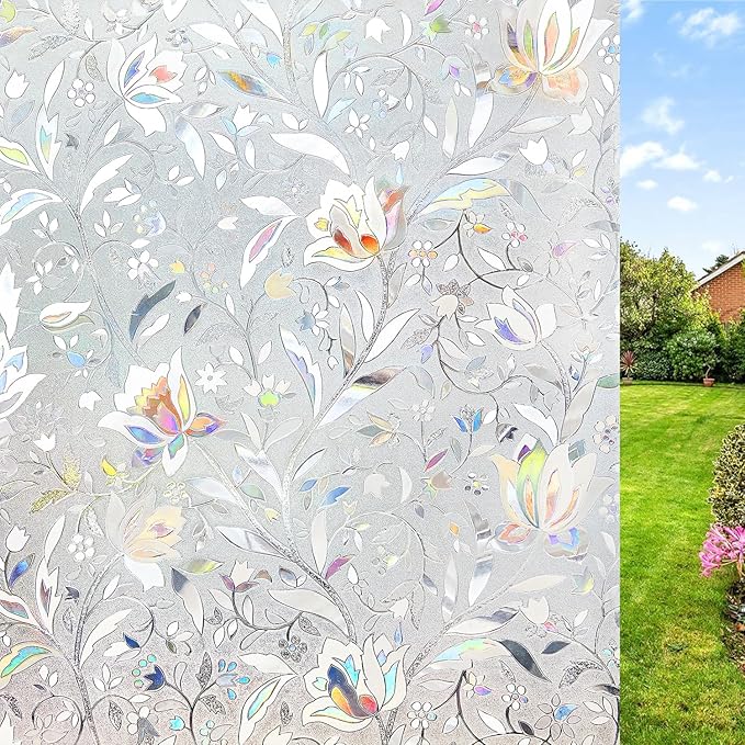 NINETREX Window Privacy Film,3D Stained Glass Window Film,Decorative Window Covering Sun Blocking Vinyl Static Cling Anti-UV Heat Control for Home Decor,Tulip 35.4 x 118.1inch