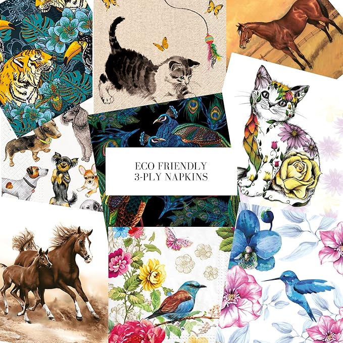 Mystery Pack Decoupage Paper Napkins, 20-ct Assorted Surprise Napkins, Decorative Napkins for Art Craft Junk Journal, Scrapbooking, 20 Different Animals Designs