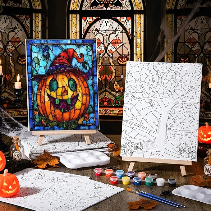 Zhanmai 12 Pack Pre Drawn Canvas for Painting Sip and Paint Kit 8" x 10" Paint Party Set Canvas Painting Pre Printed Canvases for Party Favor DIY Virtual Adult's Date Night (Vivid Ghost)