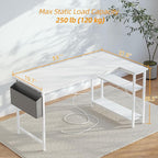 TIQLAB L Shaped Computer Desk with Power Outlets, 55 Inch Small Corner Desk with Reversible Shelves, Gaming Desk Computer Table Study Writing Desk for Home Office Small Space, White