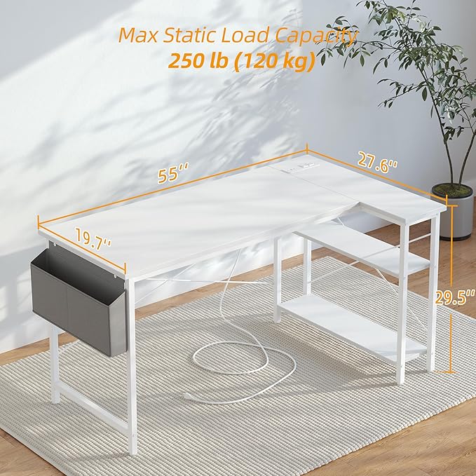 TIQLAB L Shaped Computer Desk with Power Outlets, 55 Inch Small Corner Desk with Reversible Shelves, Gaming Desk Computer Table Study Writing Desk for Home Office Small Space, White