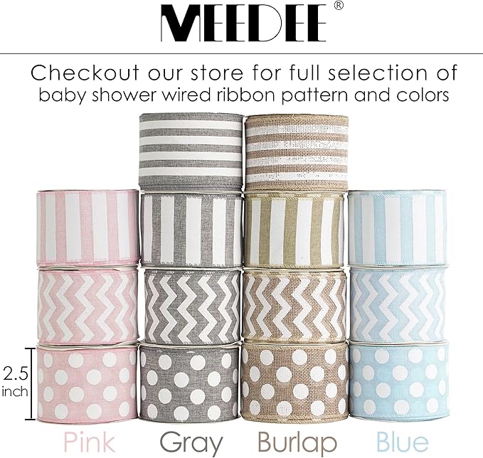 MEEDEE Blue Burlap Ribbon 2.5 Inch with White Polka Dot Blue White Wired Ribbon for Baby Boy Wreaths and Showers, 10 Yards