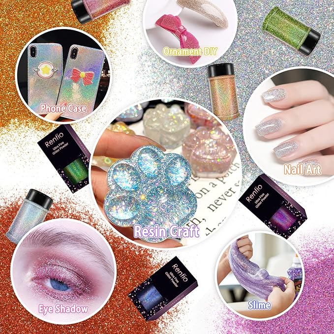 Renfio Holographic Glitter Powder - Metallic Resin Glitter 2.11 Oz (60g) PET Flakes Crafts Sequins for Tumblers Slime Christmas - Laser Green