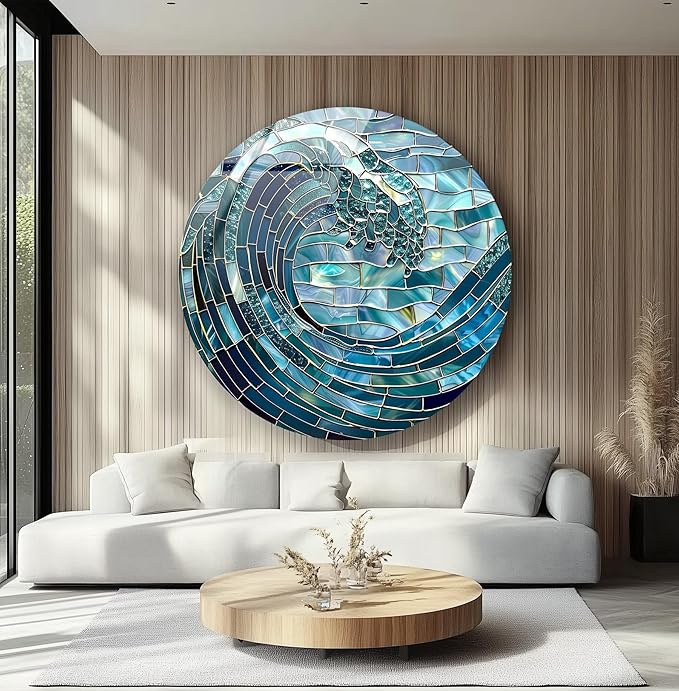 My Photostation.com 24''(60cm) Diameter Ocean Wave in Blue Mosaic Round Glass Wall Art Tempered Glass Printing Wall Decor Large Wall Art Wall Hangings