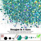 Ceya Holographic Chunky Glitter, 4.9oz/ 140g Spring Green Craft Glitter Powder Mixed Chunky & Fine Flakes Iridescent Nail Sequins for Nail, Hair, Epoxy Resin, Tumblers, Slime, Painting, Festival Decor