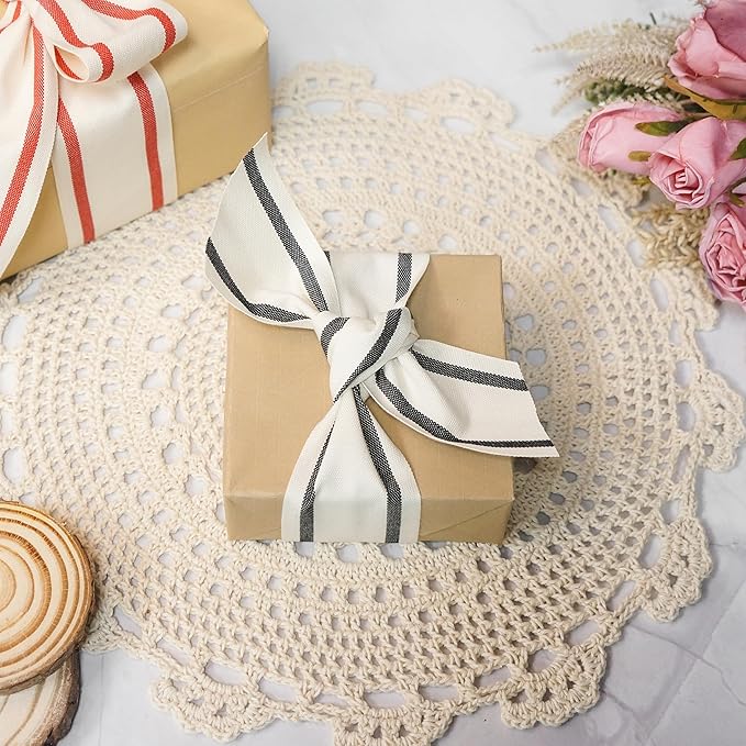 CT CRAFT LLC Ivory Cotton Black Stripes Ribbon 2" x 10 Yards for Home Décor Gift Present Wrapping DIY Crafts Birthday Wedding Bouquet Christmas
