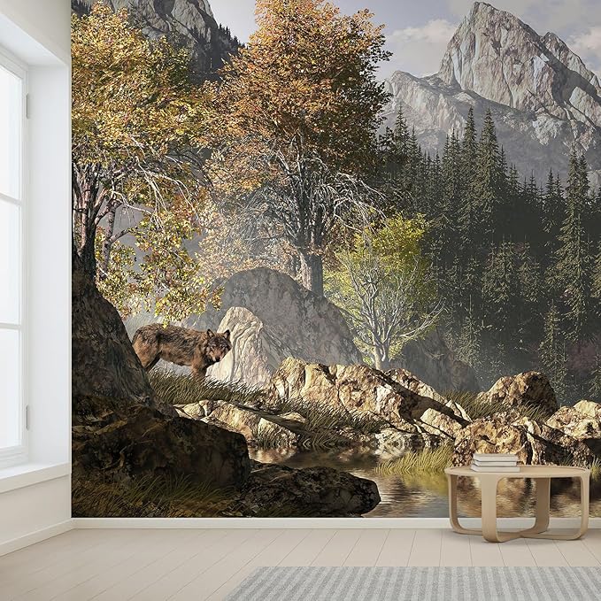wall26 Wall Sticker/Wall Mural Wolf Near a Lake in a Rocky Mountain Landscape, Not Peel and Stick, Non-Woven Wallpaper Decorative for Bedroom, Living Room, Office - 132x192 inches