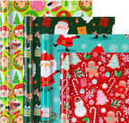Cherubfunz Christmas Wrapping Paper (4 Rolls: 93 sq. ft. ttl) Santa Claus Carrying Gifts, Candy Cane, Reindeer, Christmas Tree/Bell, Dogs Pattern - 17 inches x 16.5 feet Per Roll