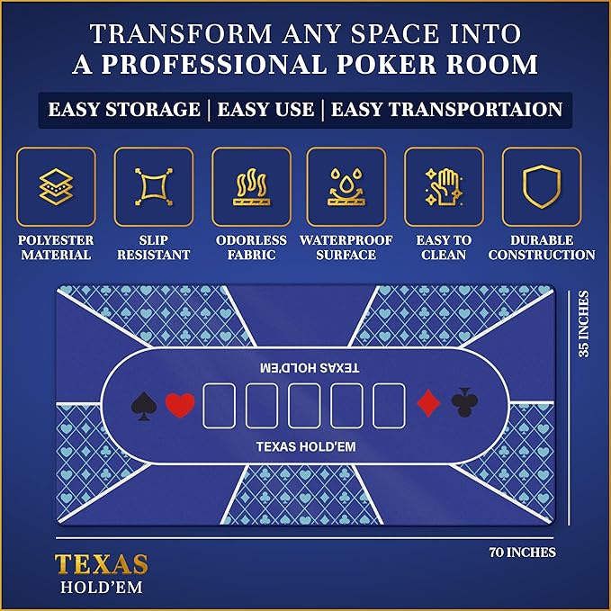 Poker Table Top - Foldable 70" x 35" Texas Hold'em Poker Mat with Non-Slip Backing and Zipper Carrying Bag - Waterproof and Portable Casino Table Topper Card Mat for Home Game Nights Up to 10 Players