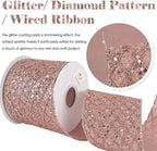 HUIHUANG Rose Gold Christmas Ribbon 4 inch Rose Gold Glitter Wired Ribbon Diamond Mesh Wire Ribbon for X-mas Tree Decorations, Wreaths, Garland, Large Bows Making, Home Decor -10 Yards