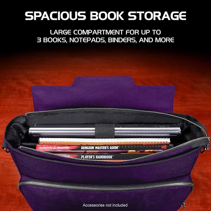 ENHANCE Collector's Edition RPG Player's Essentials DnD Bag - Dragon Hide Exterior Messenger Bag Fits 2-4 Books, Binders, Dice & Accessories, with 17 inch Laptop Slot, Battlemap Straps (Dragon Purple)